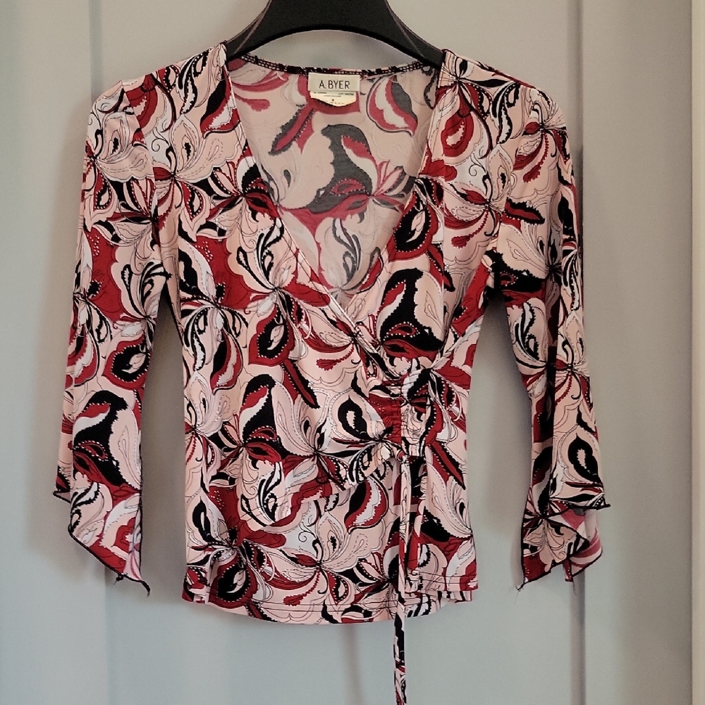A. Byer Red and Black Wrap Blouse with Tie Front